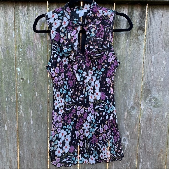 Dress Barn Tops - Dark floral sleeveless keyhole ruffle neck top spring summer fall feminine boho